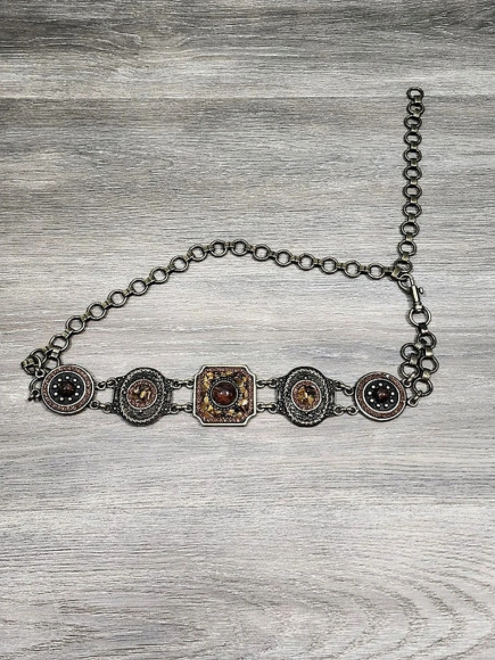 Vintage Antique Brass Western Chain Belt Faux Tiger Eye